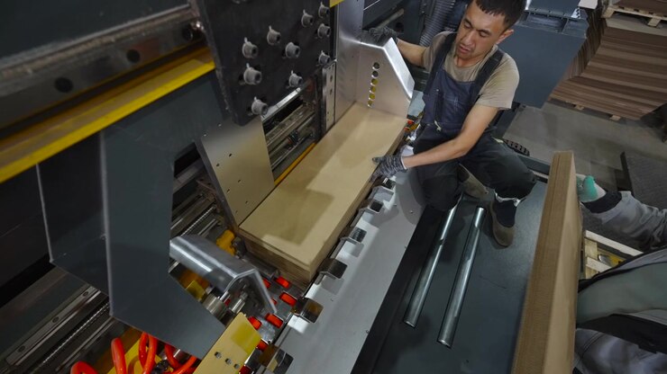 Worker in gloves raises cardboard sheet beside heavy machinery with rollers and conveyor components, handling stacked board materials under bright overhead lights in busy manufacturing workspace