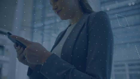 animation of financial data processing over caucasian businesswoman using smartphone