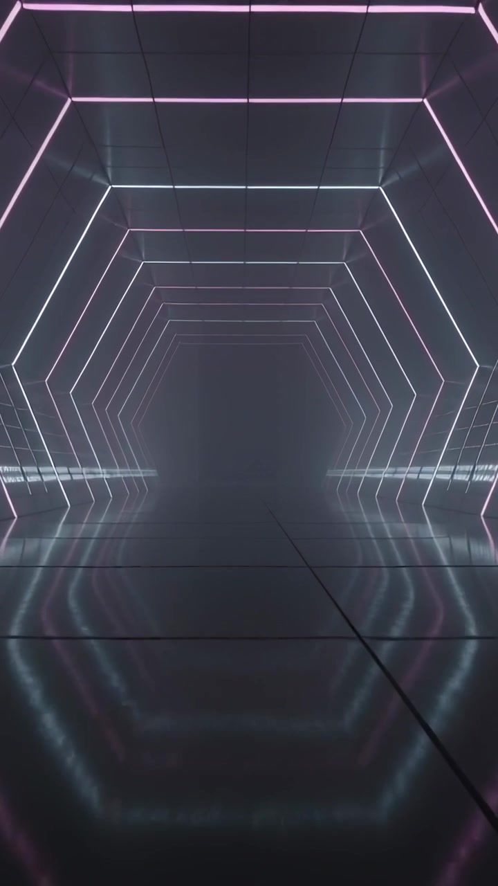 Vertical video: Pulsing LED loop moving hex frames inward in sci-fi tunnel, creating depth