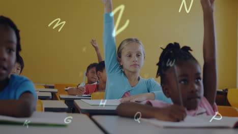 alphabets float above students raising hands in an educational scene.