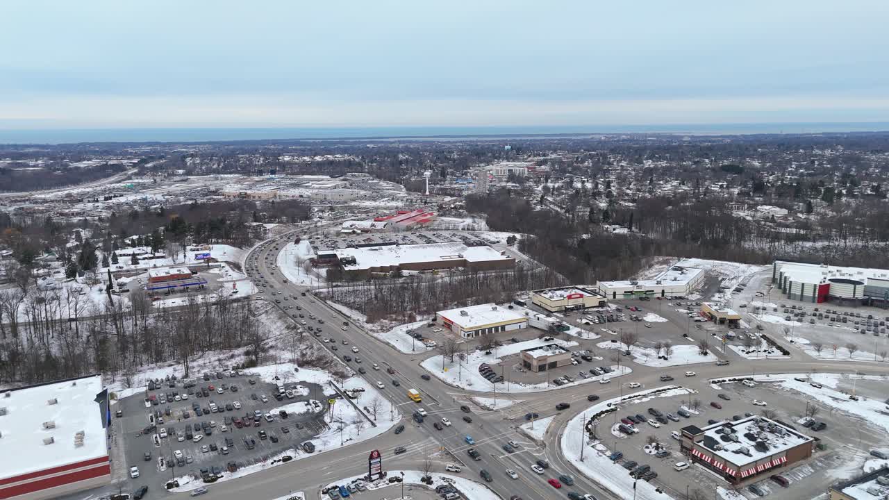 Aerial of Erie, PA's Peach Street in the winter with Lake Erie in the background.