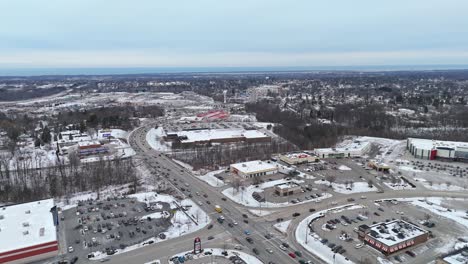 aerial of erie, pa's peach street in the winter with lake erie in the background.