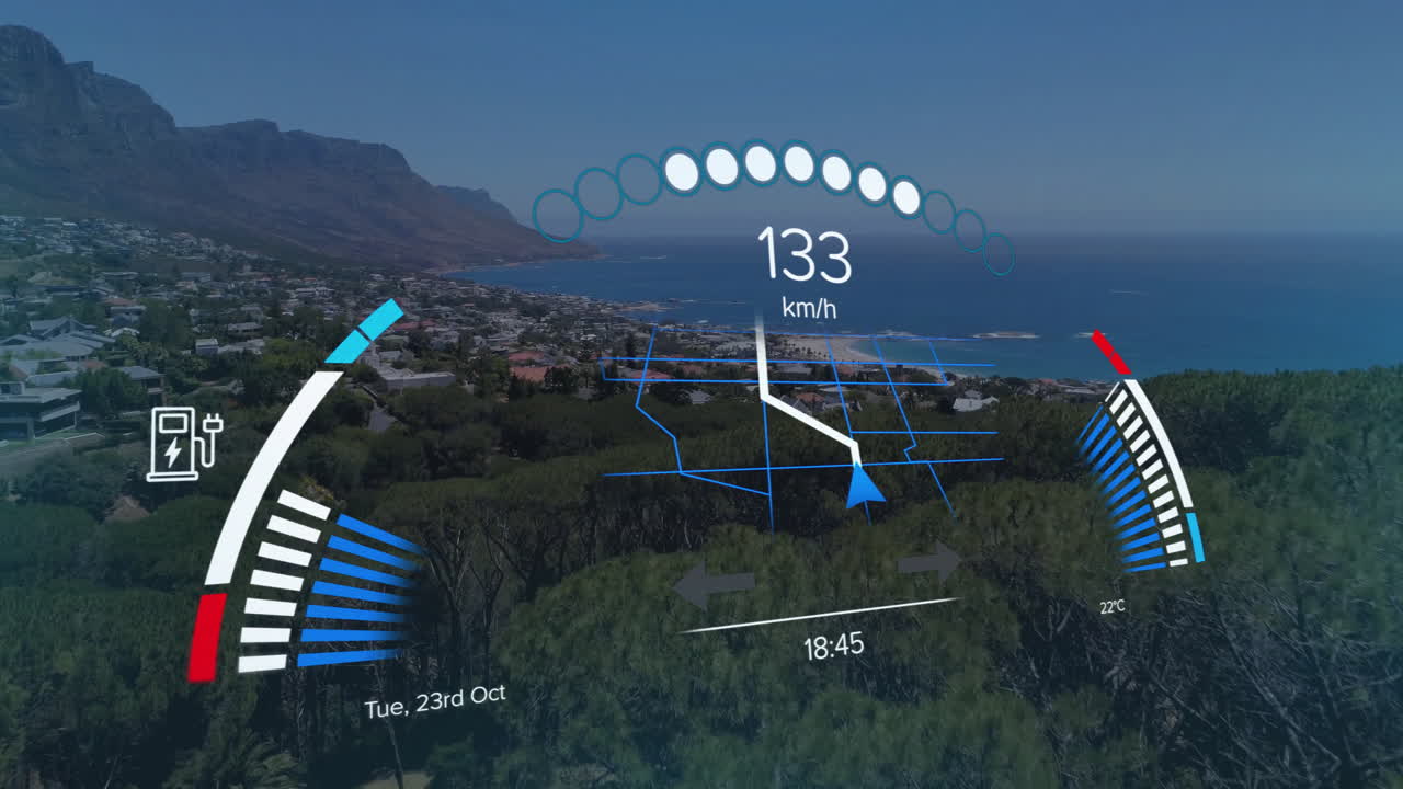 Animation showing digital speedometer and navigation overlay over coastal landscape