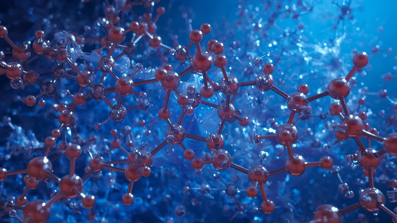 Starting camera orbiting red molecular model in blue CG environment, revealing structure