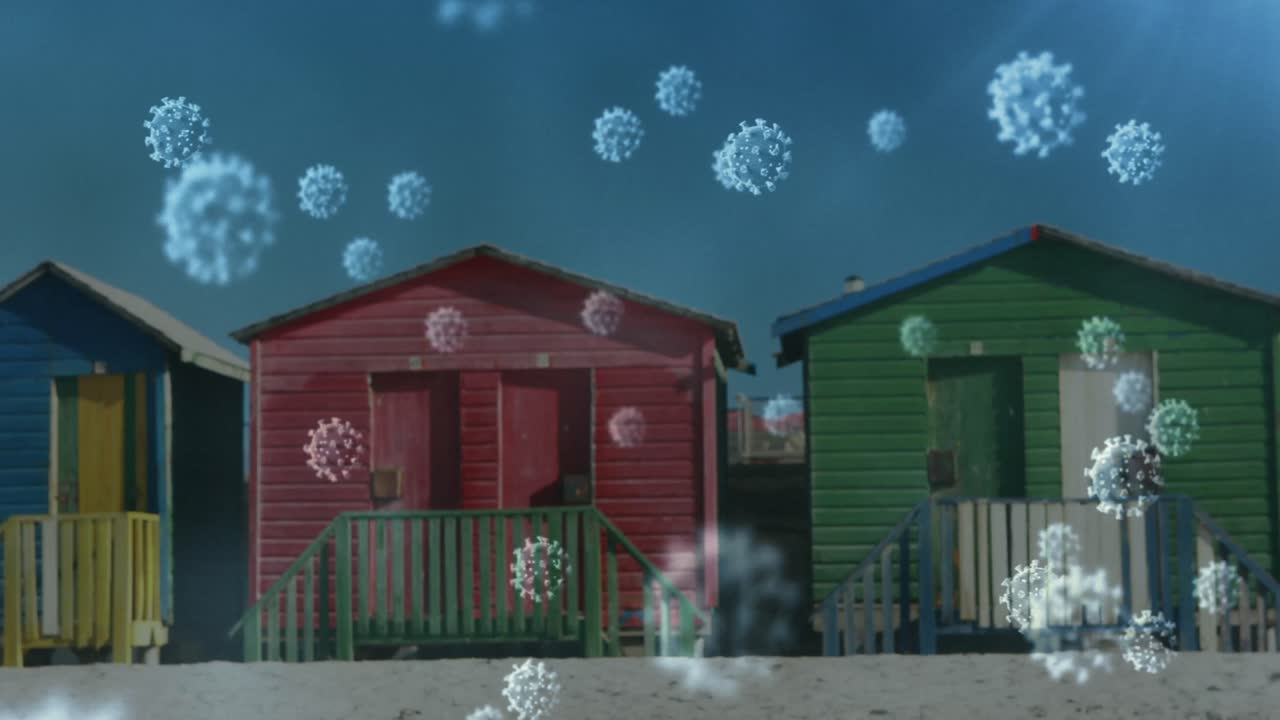 코로나19 세포가 해변에 서있는 서프보드와 함께 남자를 상대로 움직이는 디지털 복합 비디오