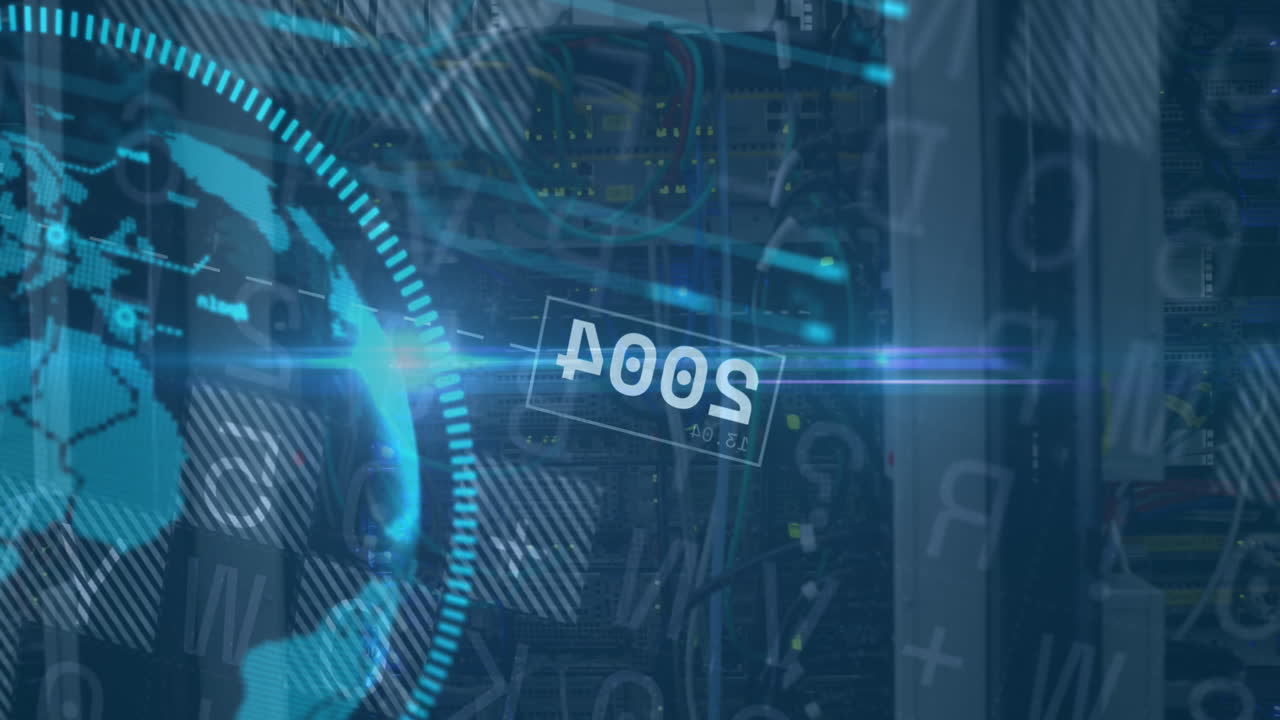 animación del globo y procesamiento de datos financieros en la sala de servidores