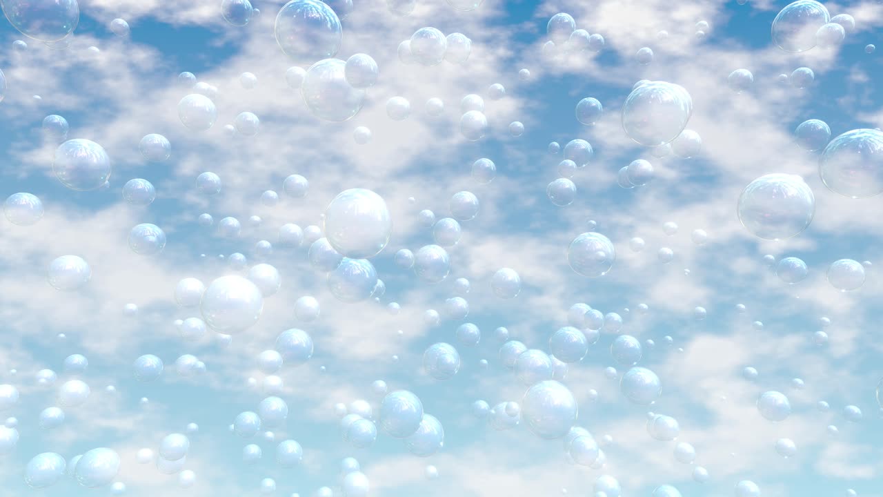 Bolle iridescenti trasparenti salgono verso l'alto attraverso un cielo azzurro brillante pieno di morbide nuvole bianche.