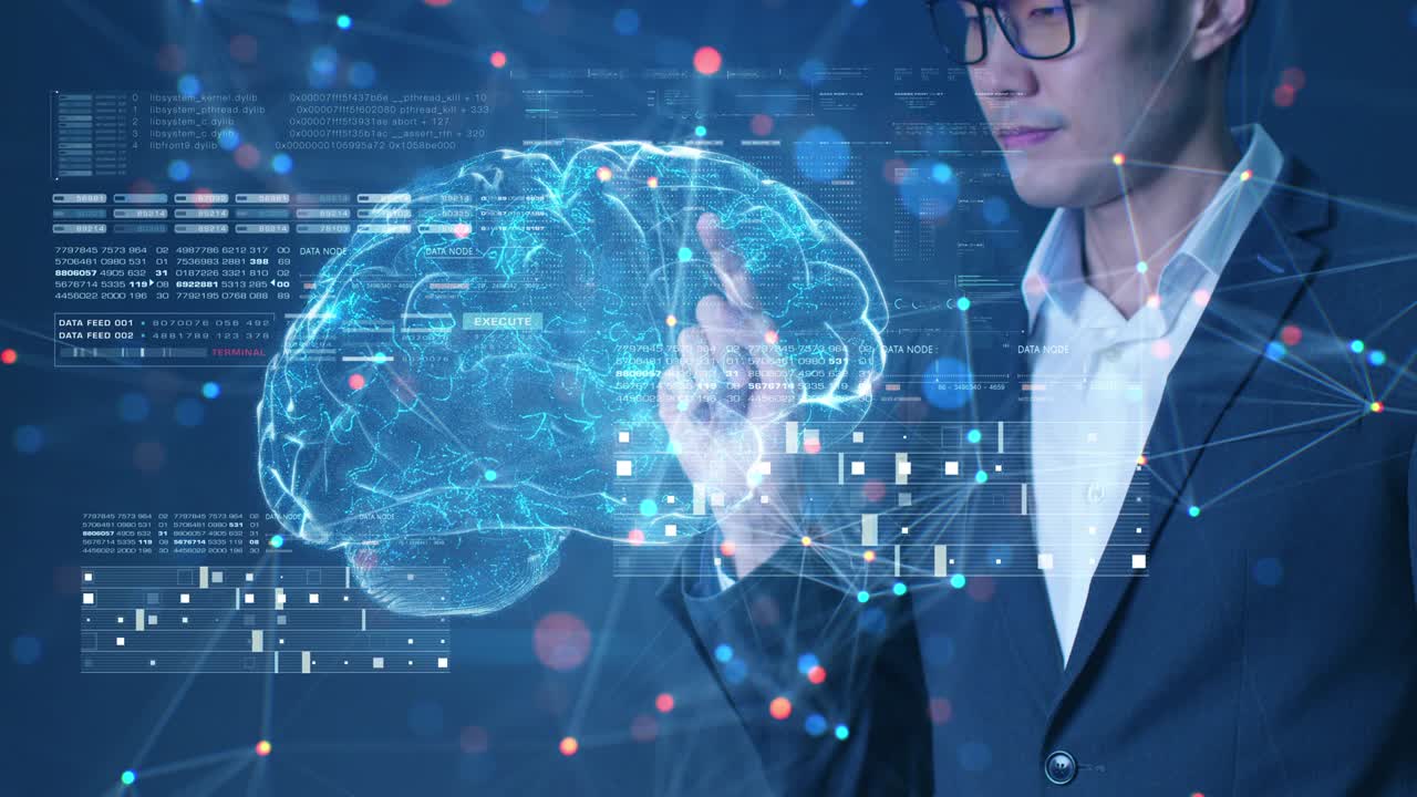 smart Asian business man using mobile phone with financial investment digital technology, futuristic artificial intelligence tech and finance graph symbol effect.