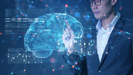 smart asian business man using mobile phone with financial investment digital technology, futuristic artificial intelligence tech and finance graph symbol effect.