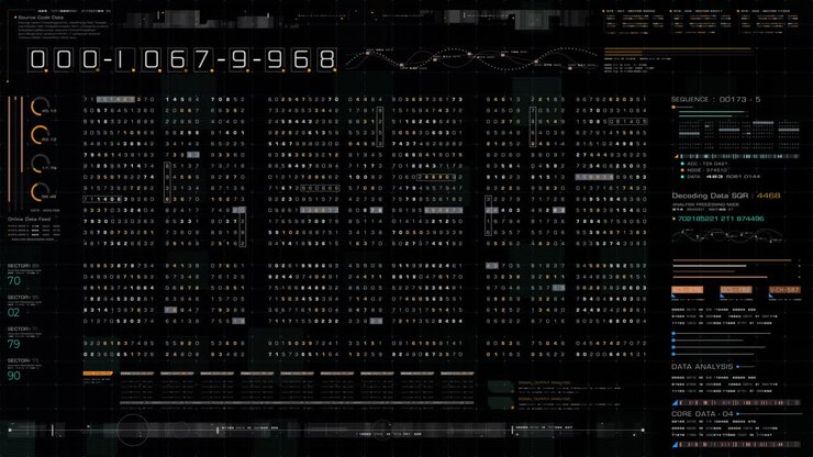 Futuristic hi-tech graphic user interface head up display with digital code and data info graphic telemetry information display for desktop screen background
