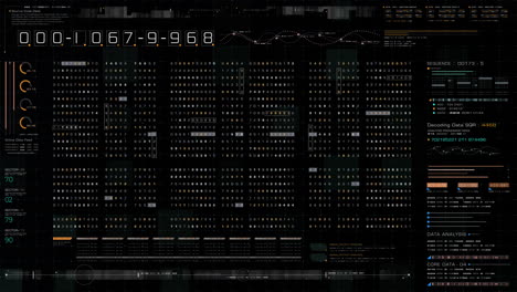 Futuristic hi-tech graphic user interface head up display with digital code and data info graphic telemetry information display for desktop screen background