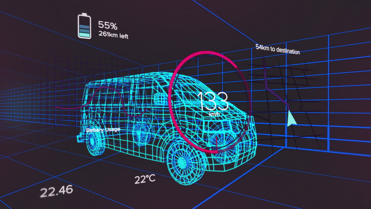 Futuristic HUD displaying neon cyan wireframe van moving through dark grid, showing battery gauge