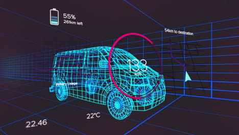 futuristic hud displaying neon cyan wireframe van moving through dark grid, showing battery gauge