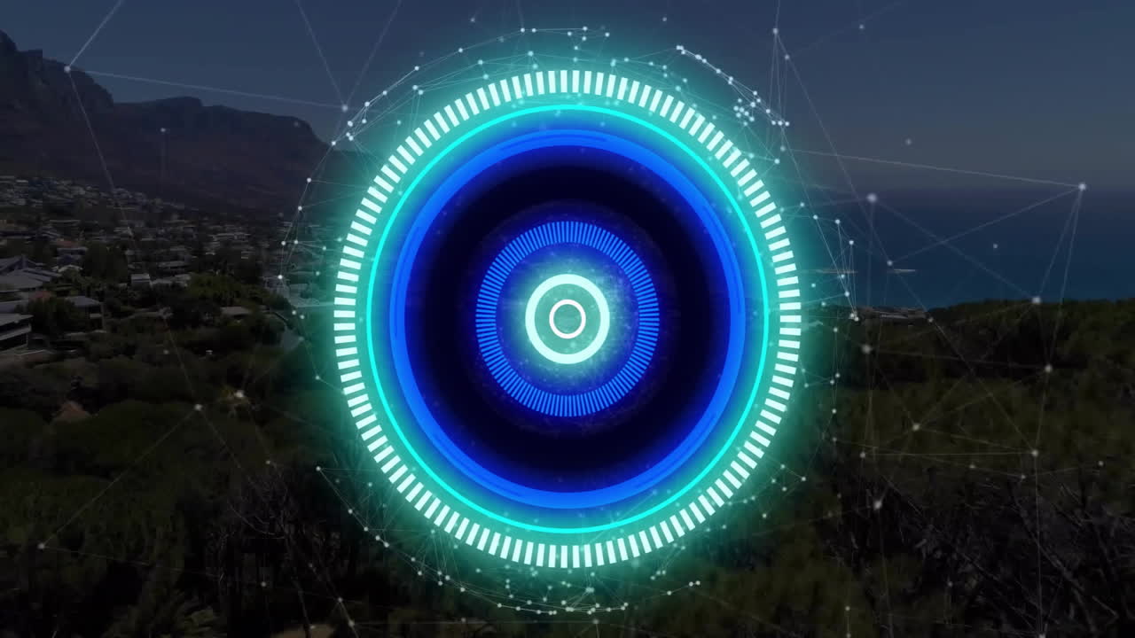 Animation of data processing, network of connections over scope scanning