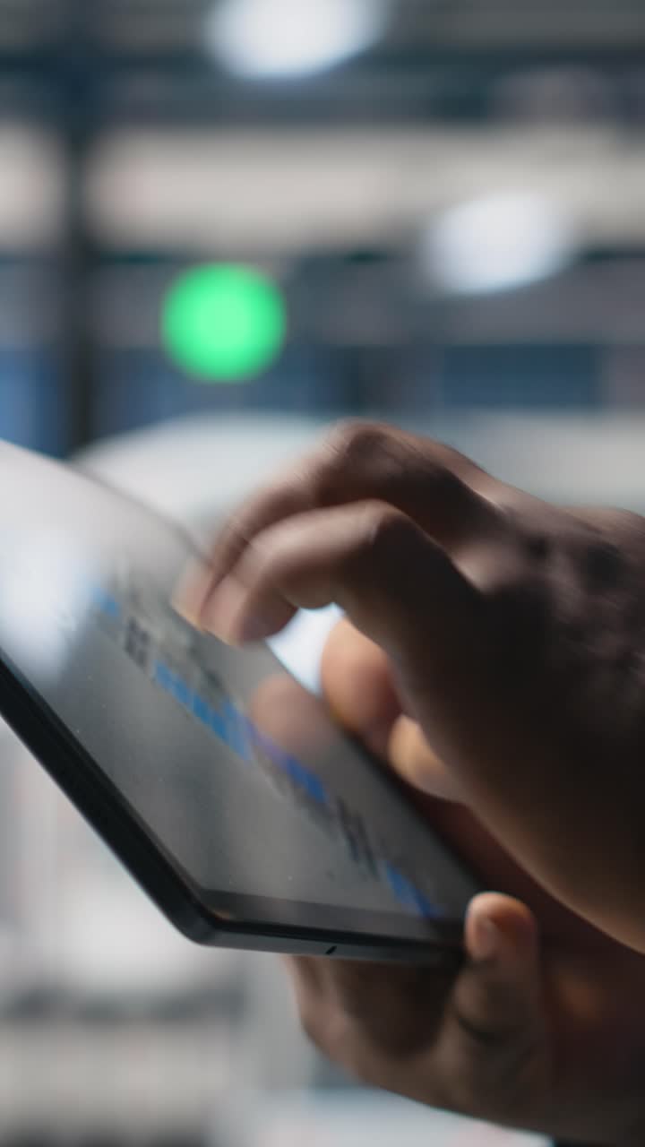 Vertical Video Industrial specialist checking digital manufacturing systems on tablet