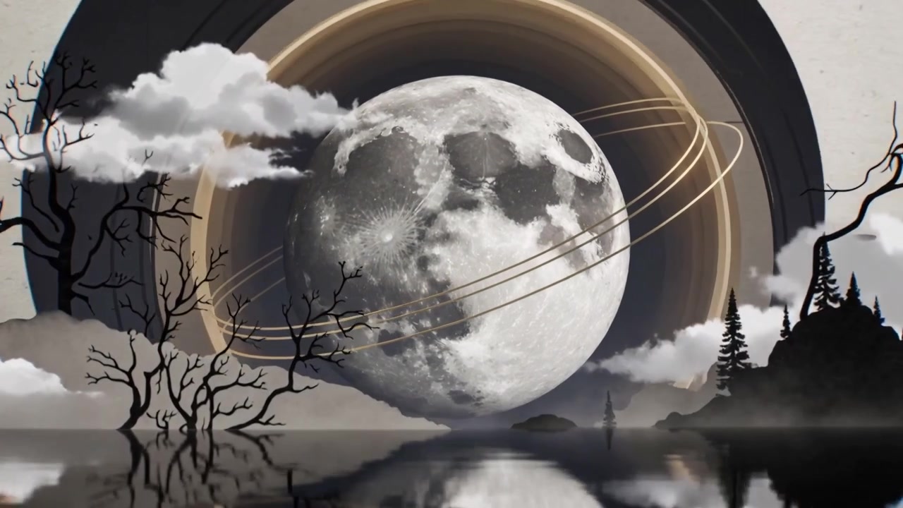 Anillos abriéndose revelando la luna creciendo y avanzando junto al lago, iluminando arcos dorados