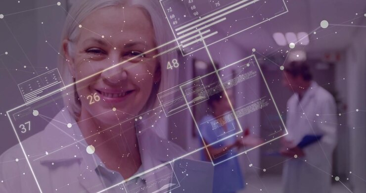 Vertical video: Senior clinician tapping chart causing digital overlays in hospital improving care
