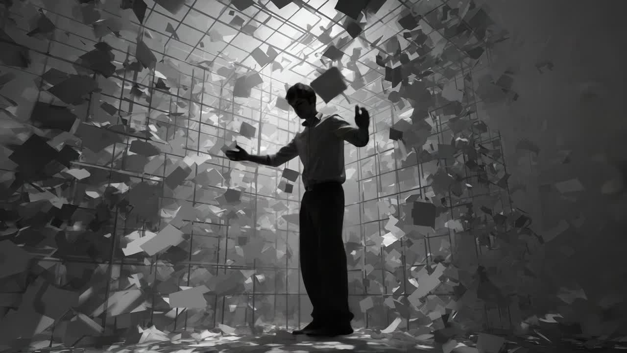 A solitary figure stands amidst a swirling mass of dynamic papers, embodying the struggle between chaos and control as they navigate an abstract maze of floating sheets in a dimly lit, ethereal environment