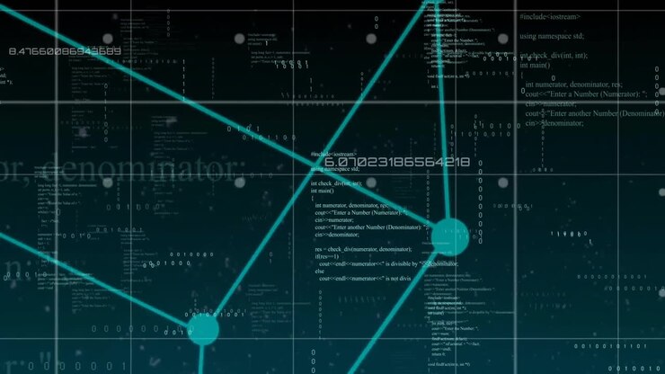 Animation of blue network lines over data processing on black background