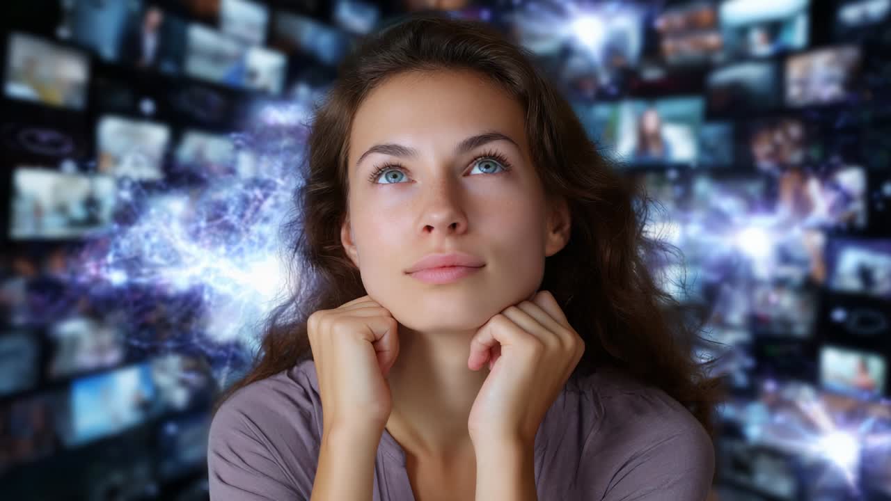 A thoughtful young woman gazes upwards, immersed in a vast array of digital screens, contemplating the limitless possibilities of technology and information in a mesmerizing visual landscape