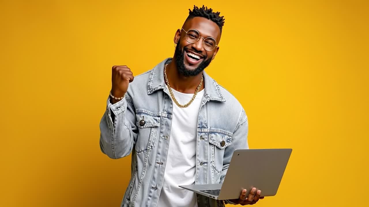 Un uomo con una giacca di jeans che tiene in mano un computer portatile e sorride