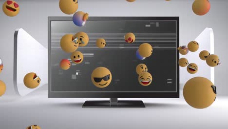 Animation-of-face-emojis-and-glitch-effect-over-computer-screen-against-grey-background