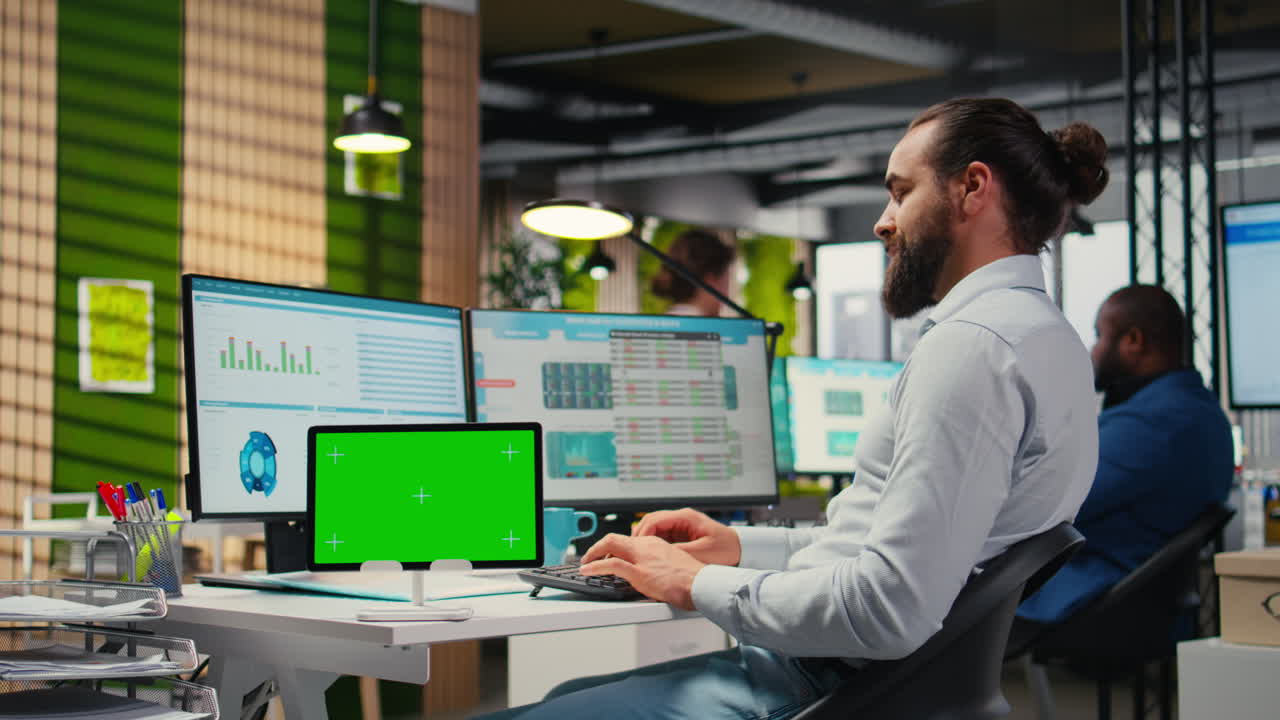 Vertical Video Professional male analyst examining KPI insights with mockup on tablet