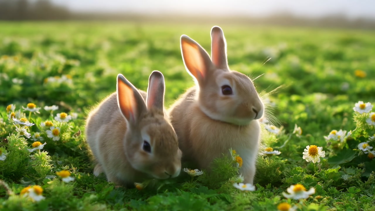 Two Rabbits In Daisy Meadow Sunlit Closeup Showing Soft Fur And Backlit Ears, Tender Nuzzling And Grazing