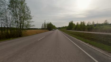 The-road-stretches-through-open-fields,-with-tall-trees-lining-its-edges
