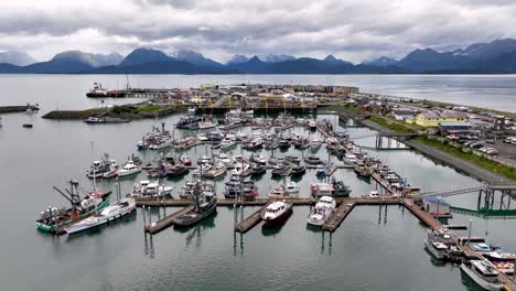 slow aerial over fishing boats homer alaska