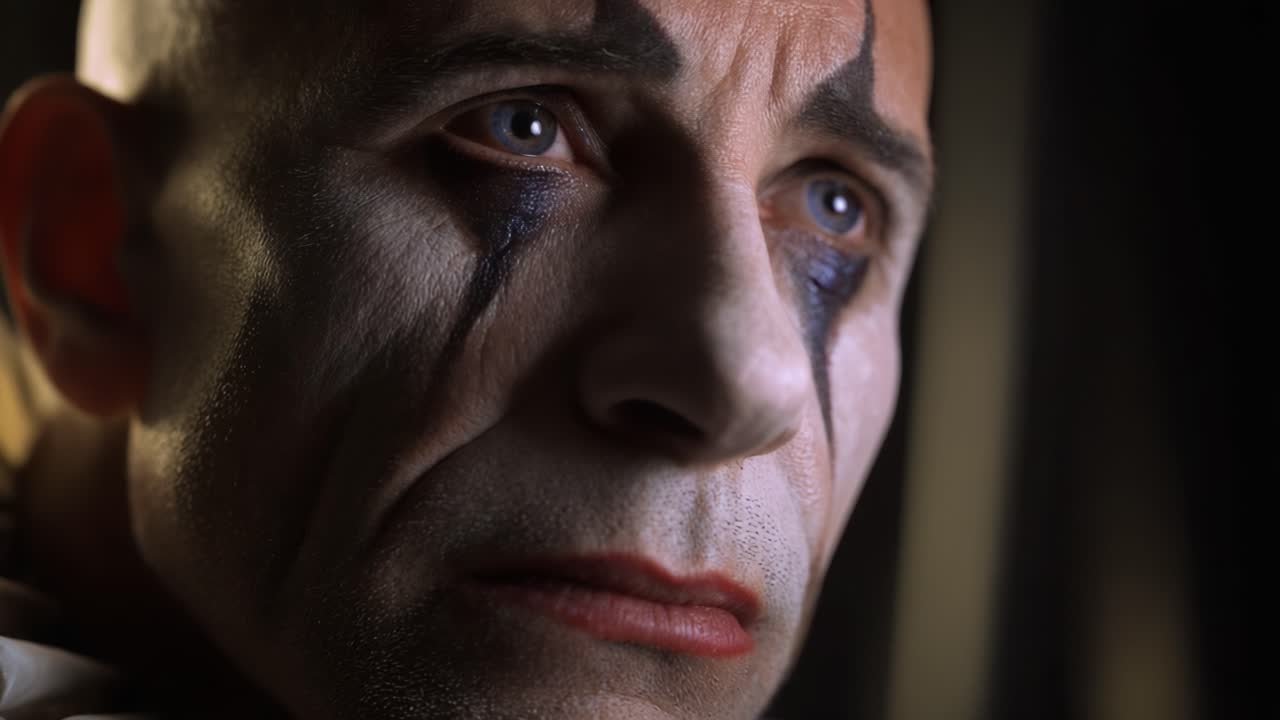 Um retrato cativante apresenta um palhaço expressivo com maquiagem distinta, exibindo emoções intensas e olhos cativantes que atraem os espectadores para a cena