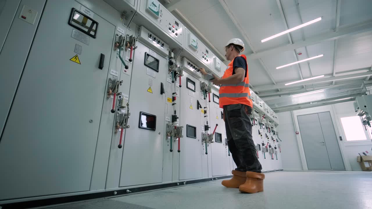el ingeniero eléctrico que trabaja comprueba la tensión de corriente eléctrica y la sobrecarga en la parte delantera del gabinete del centro de carga o de la unidad de consumo para el mantenimiento en la sala principal del sistema de distribución de energía.