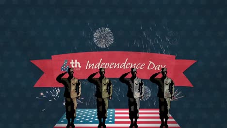 Animation-of-fourth-of-july-independence-day-with-saluting-soldiers,-fireworks-and-american-flag