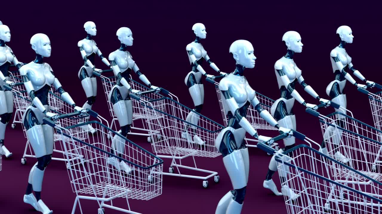 4K concept animation of women robots shopping