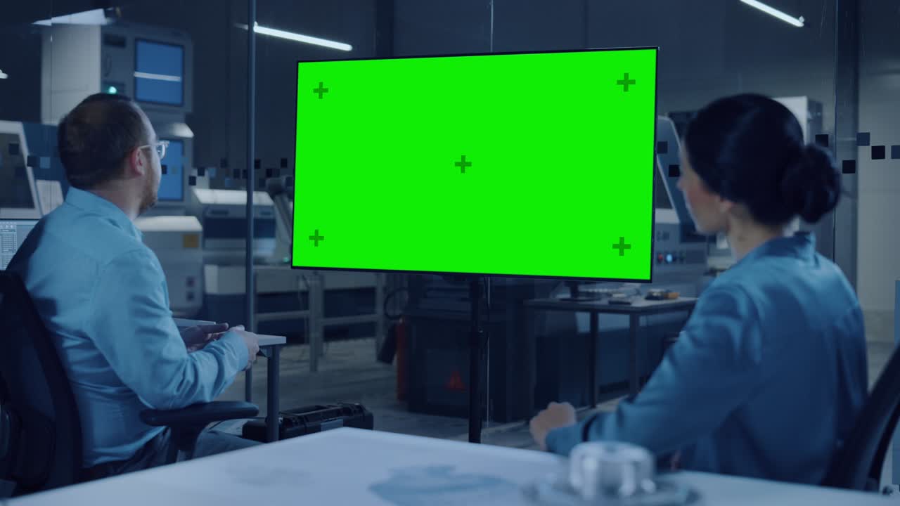 사무실 회의: 자신감있는 여성 엔지니어가 프로젝트 매니저와 대화를 나누고, 녹색 화면 크로마 키 디스플레이를 보여주는 인터랙티브 디지털 화이트보드 tv를보고 있습니다.