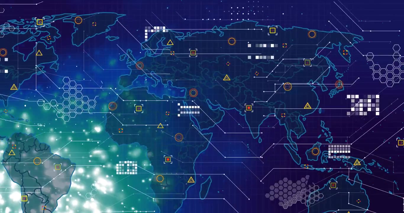 Indigo tracing North America outline initiating world map emerging pulsing lights showing data flow