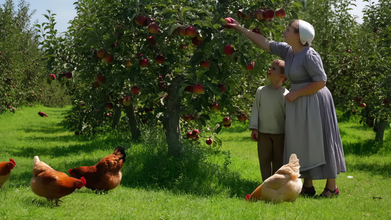 Woman and boy with chickens in an apple orchard