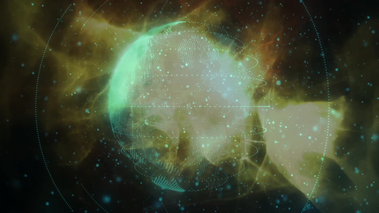 Glowing digital globe with data points over cosmic background animation