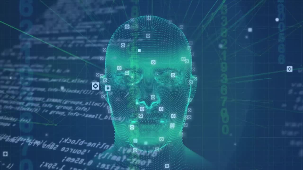 디지털 인간 머리와 데이터 처리 위에 불타는 문서의 애니메이션, 검은색에