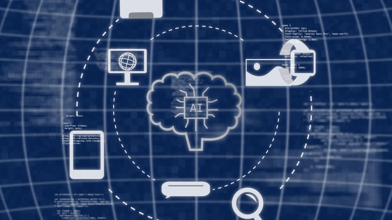 Animation of ai chat and data processing over grid on blue background