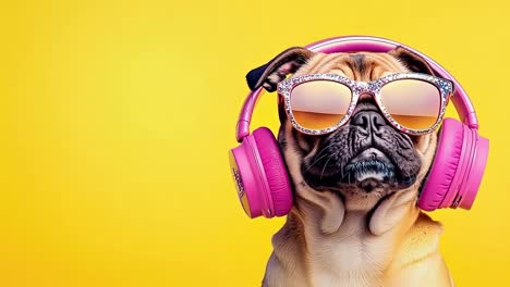 a dog wearing pink headphones and sunglasses