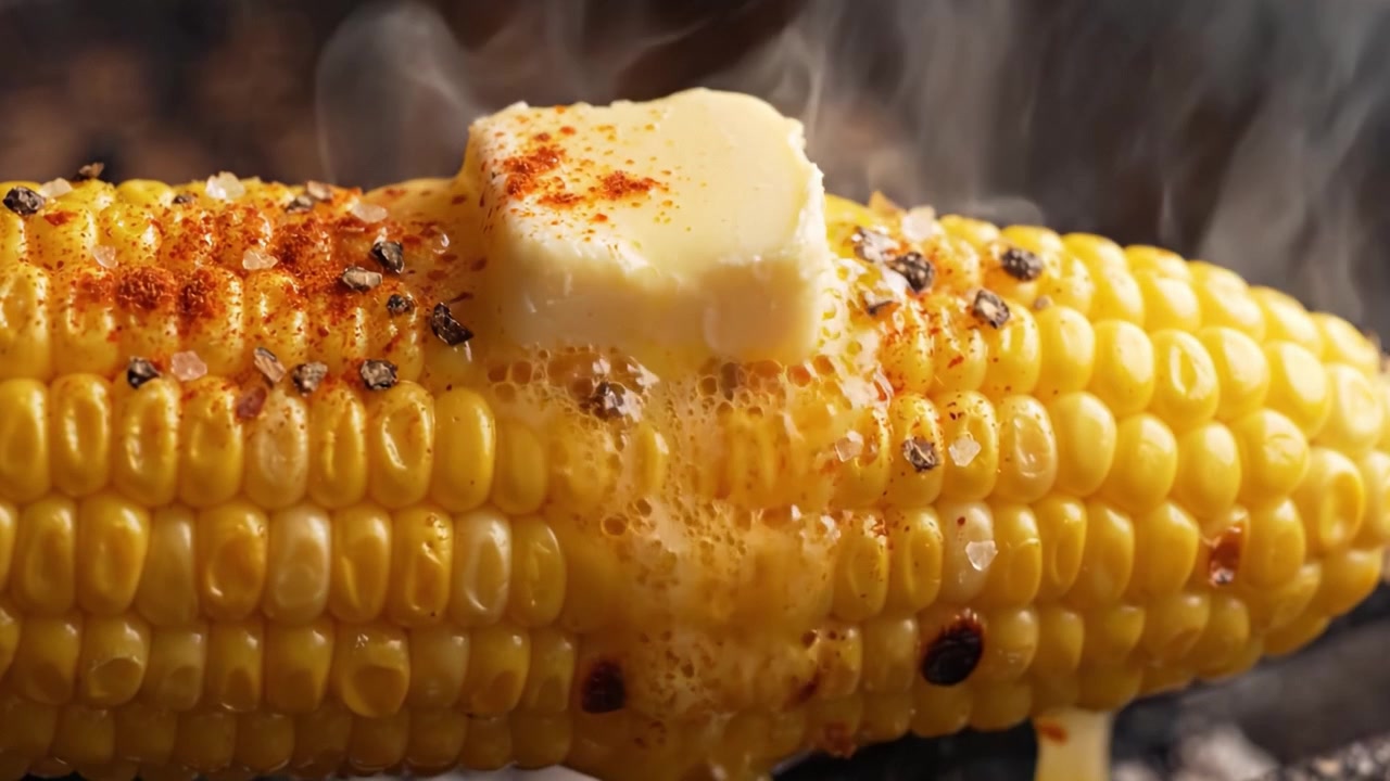 Délicieux maïs grillé en épi avec du beurre et des épices, montrant du beurre fondu appétissant et un assaisonnement glaçant les grains sucrés pour une gâterie estivale savoureuse