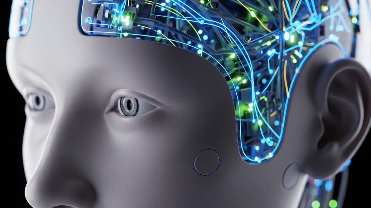 A Fusion of Technology and Humanity: Exploring the Intricate Design of a Futuristic Robot Head with Illuminated Neural Networks and Advanced AI Features