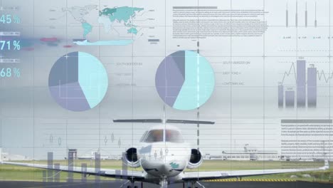 animación del procesamiento de datos estadísticos contra un avión en una pista de aterrizaje en un aeropuerto