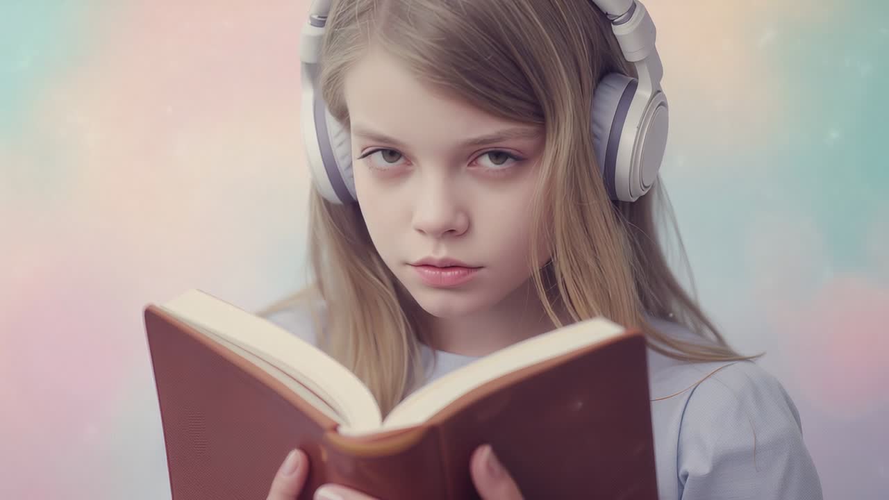 Scene showing teenage girl reading book with headphones in pastel studio reflecting on story