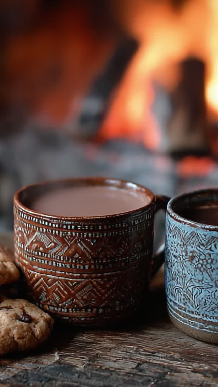 Una acogedora experiencia de bebidas junto al fuego: Disfrutando de bebidas calientes en tazas bellamente elaboradas con deliciosas galletas junto a una chimenea encendida