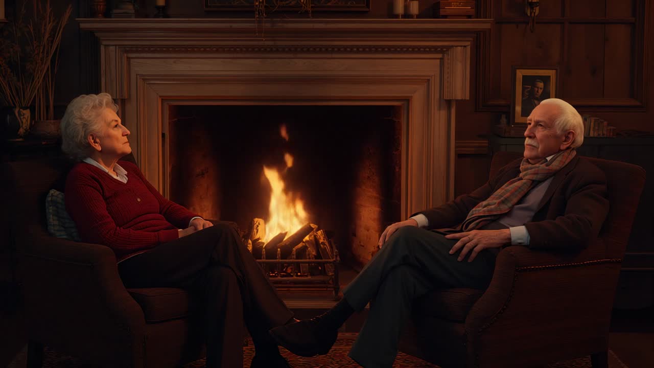 Crackling fireplace sound inspiring senior couple chatting in upholstered armchairs, cozy lounge