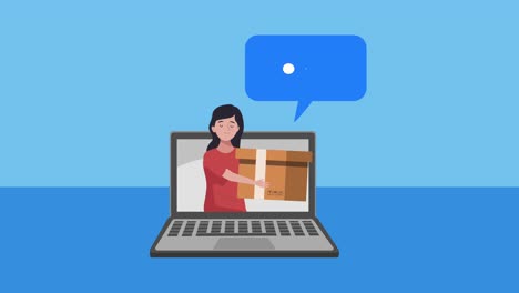 mujer levantando una caja de cartón en una computadora portátil