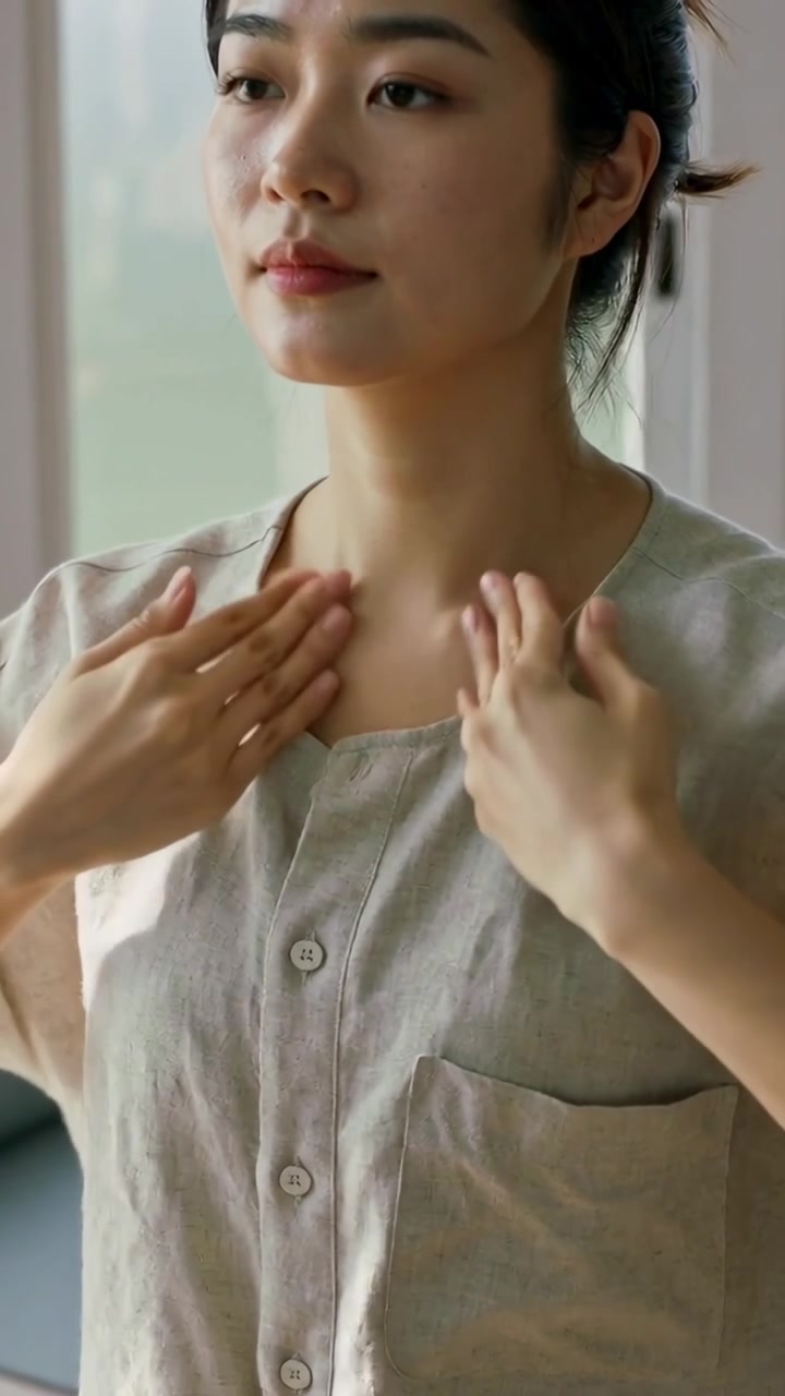 Video verticale: Donna che reagisce alla luce, si massaggia il collo e si sistema la camicia abbottonata alla finestra.