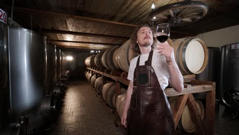 authentic shot of successful male sommelier is tasting a flavor and checking white wine quality poured in transparent glass in a wine cellar.